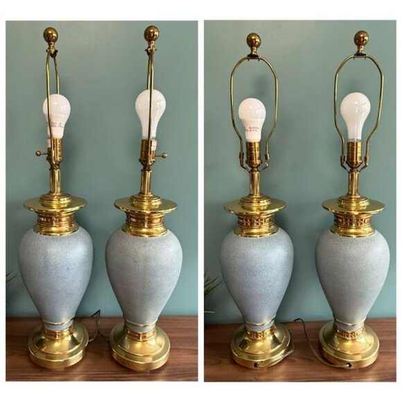 Vintage Ethan Allen Asian Blue Robins Egg & Gold Lamps 3 Way Set Of 2 EUC Works - Picture 10 of 10